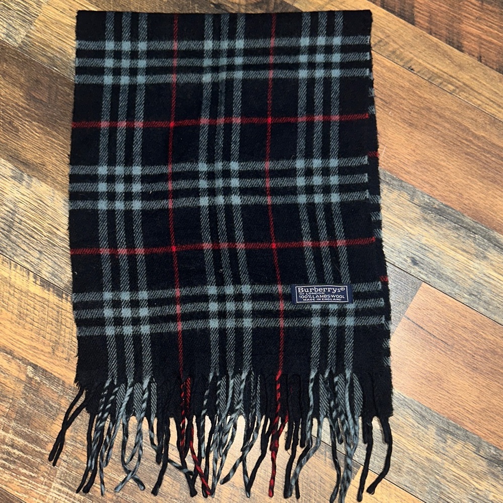 Burberry Black Plaid Wool Scarf with Red and Gray Accents